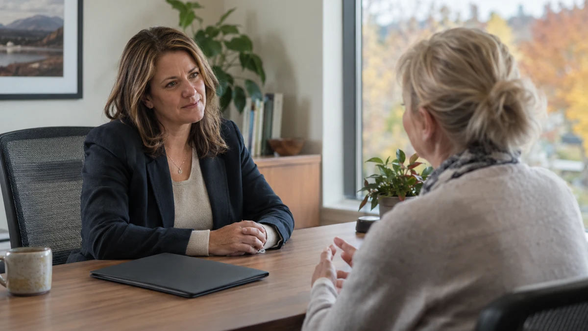 A financial advisor listens to a client across an office table in autumn.
