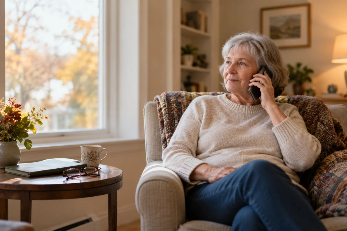 A senior woman makes a phone call from a chair beside a living room window.