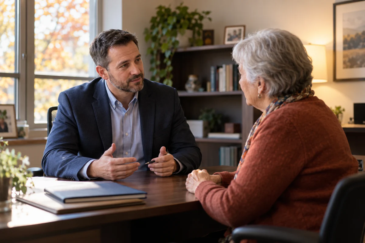 An insurance agent listens to a senior woman during an office appointment.