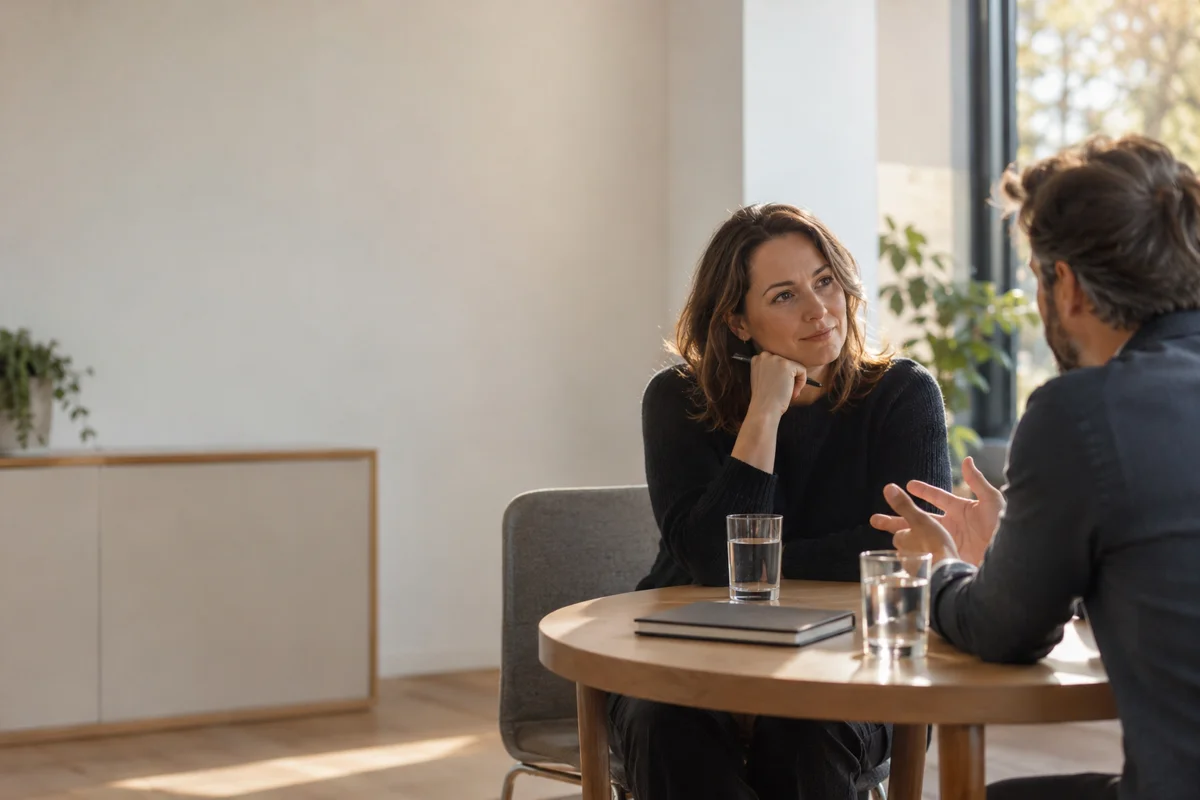A consultant listens to a business owner during a planning session at an office table.