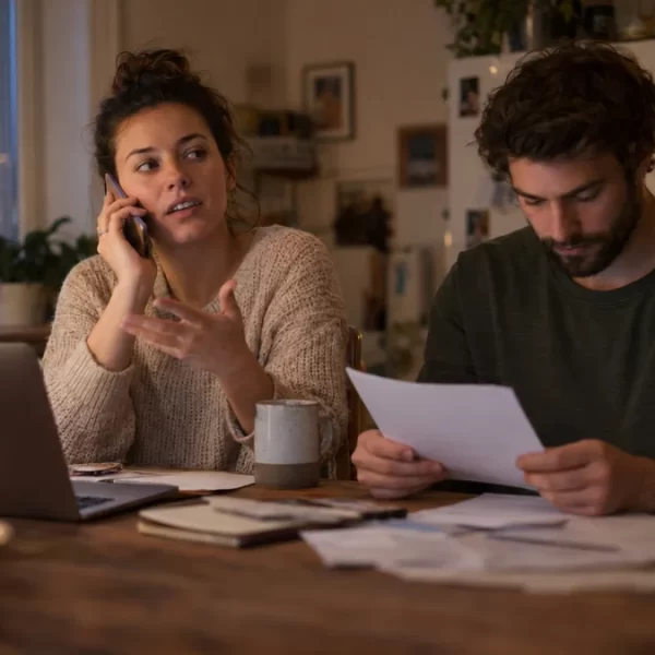 A woman calls a loan officer while her partner reads a document at their apartment kitchen table.
