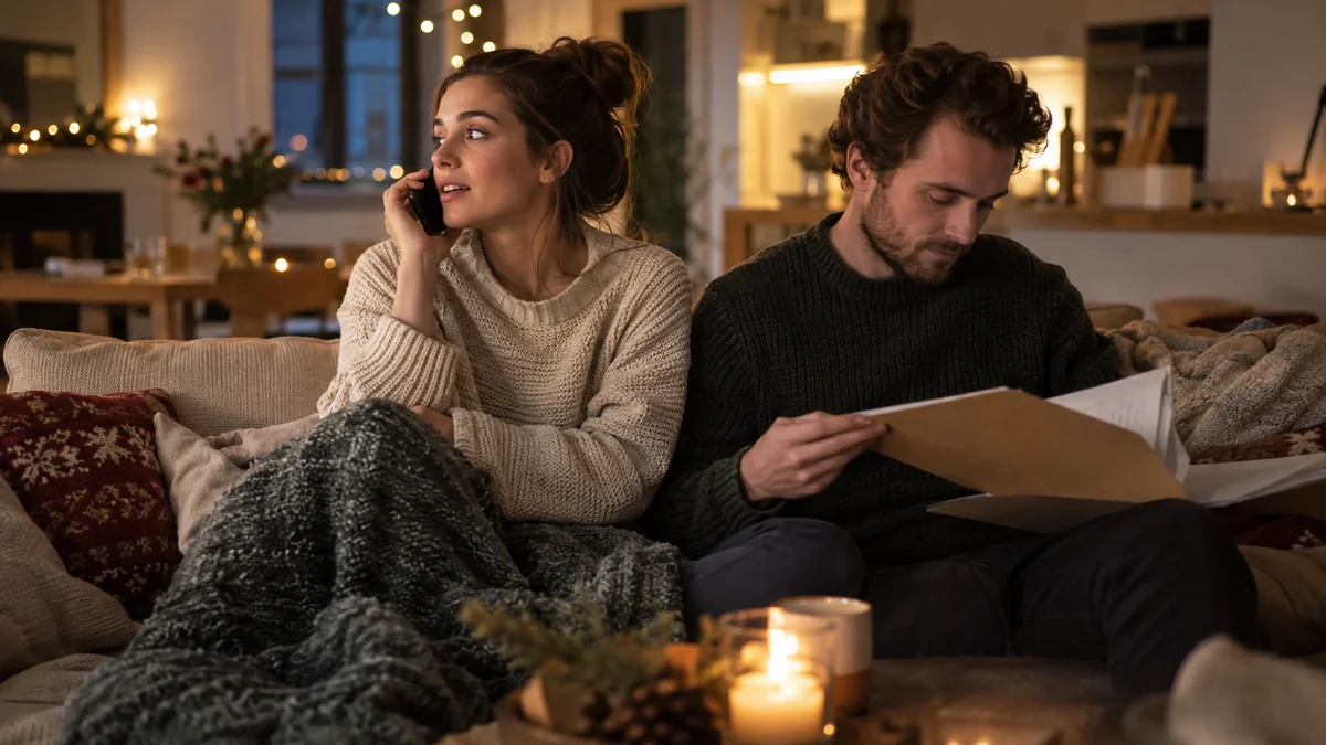A woman makes a phone call beside her partner on an apartment sofa with holiday lights behind them.
