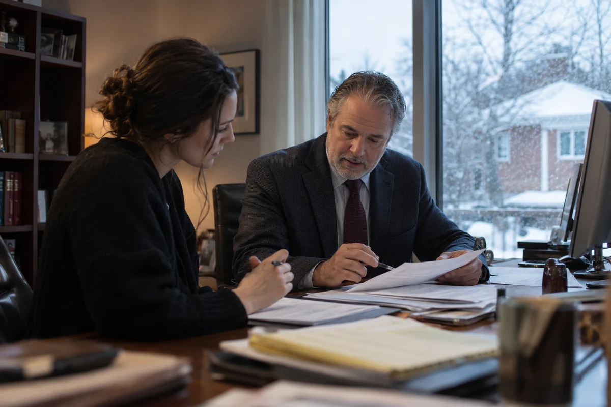 An attorney and an intake coordinator review papers at a desk beside a snowy office window.
