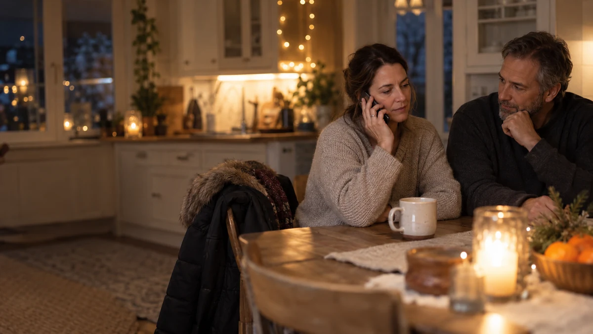A woman speaks on a phone at a kitchen table while her partner listens beside her on a winter evening.