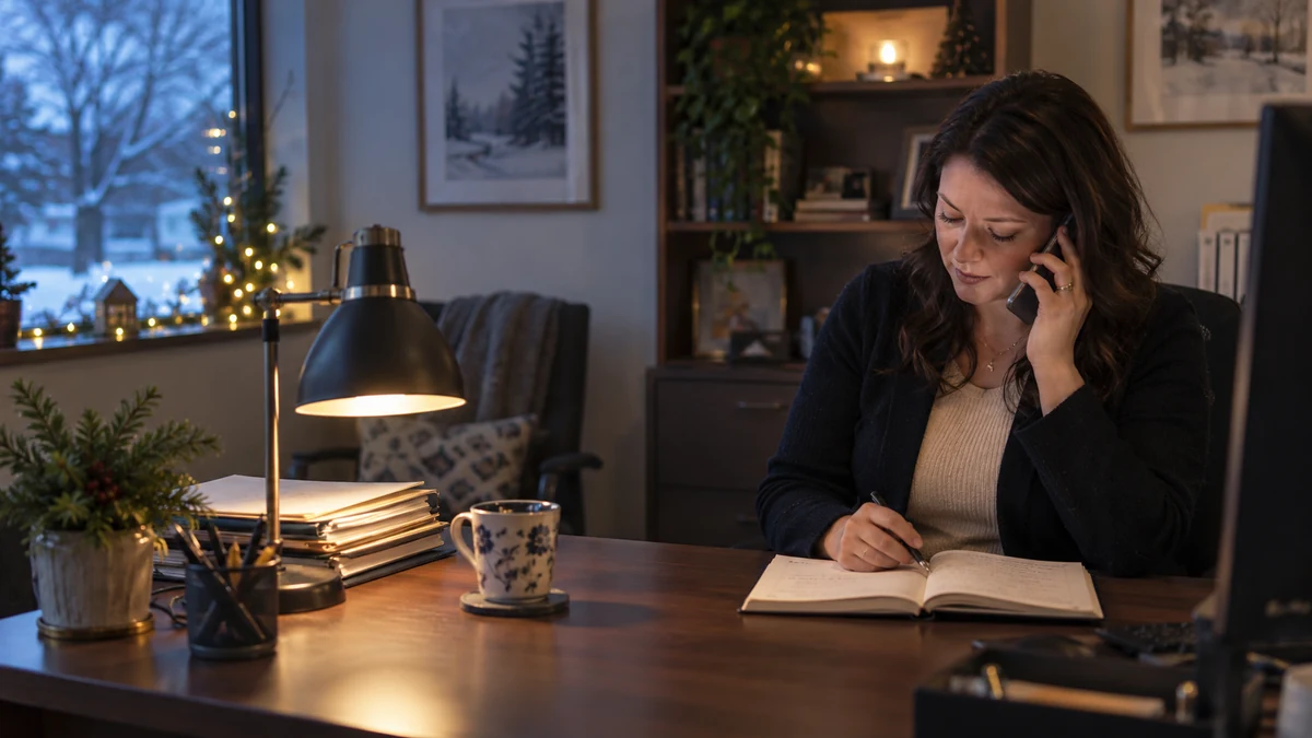 A woman takes a phone call and writes in a notebook at an office desk on a winter evening.