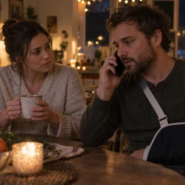 A man with his arm in a sling speaks on the phone beside a woman at a kitchen table.