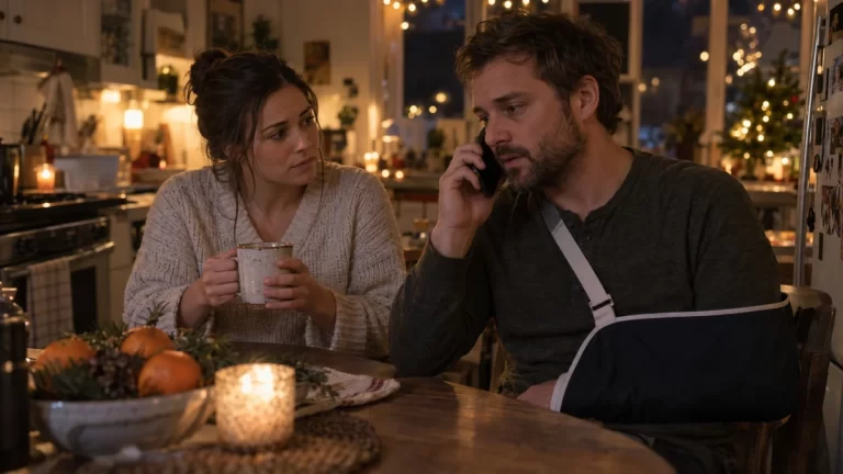 A man with his arm in a sling speaks on the phone beside a woman at a kitchen table.