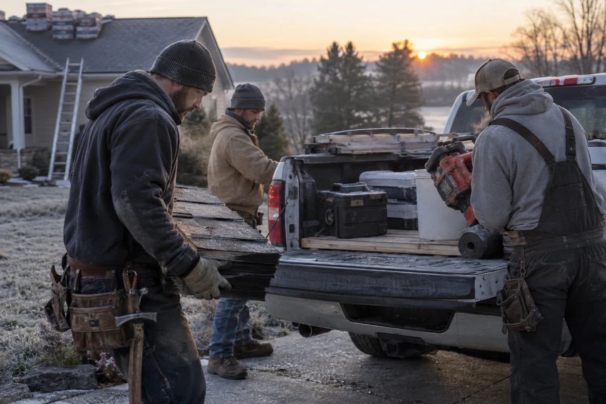 Three roofers load equipment into a work truck on a frosty morning.