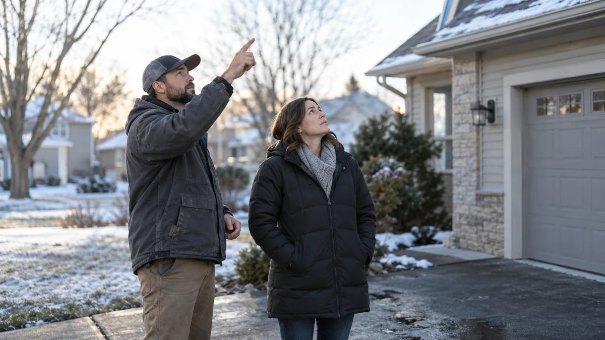 A roofer and homeowner discuss the roof from a driveway on a cold morning.