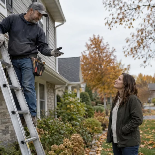 A roofer on a ladder talks with a homeowner beside a house with autumn leaves on the lawn.