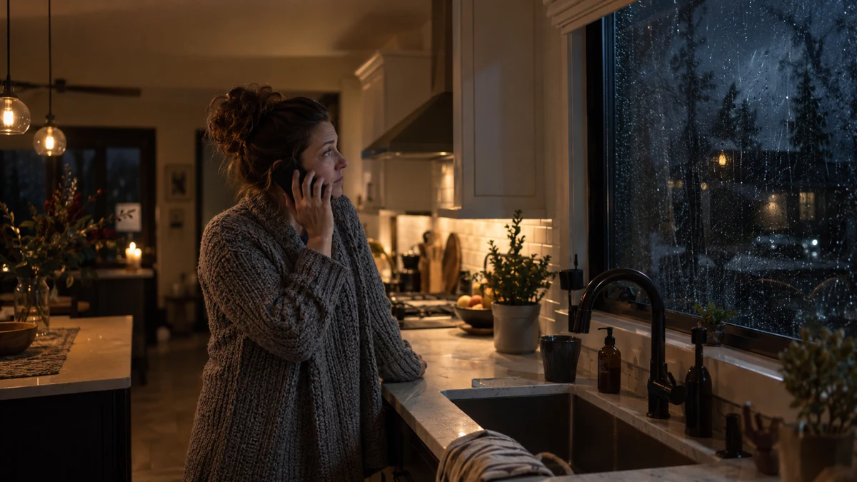 A homeowner makes a phone call beside a rain-covered kitchen window at night.