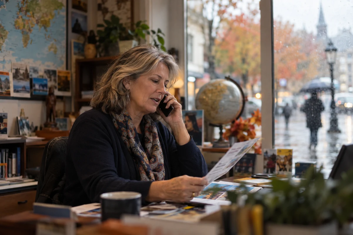 A travel advisor holds an itinerary during a phone call in her office on a rainy day.