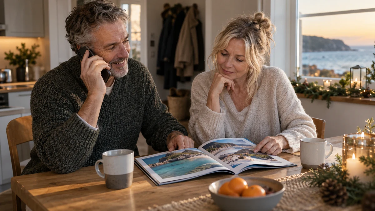 A couple looks at a travel brochure while one person makes a phone call at their kitchen table.