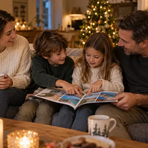 A family of four discusses a travel brochure on a couch beside holiday decorations.