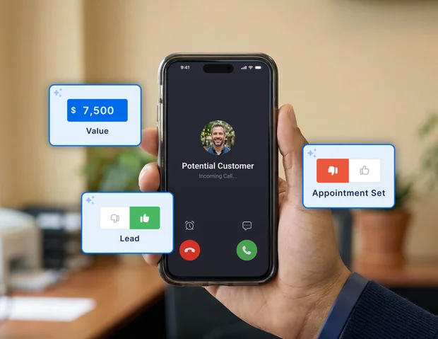 Phone showing incoming call with lead value and appointment cards