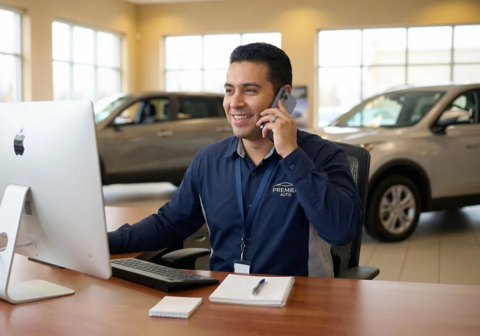 Car dealership employee on a phone call at his desk