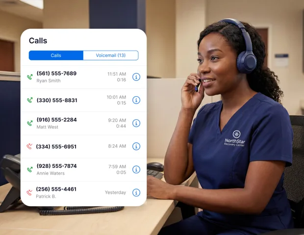 Healthcare staff member on headset with recent calls panel overlay