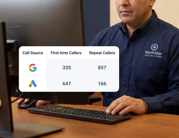Healthcare administrator reviewing call tracking data on a computer