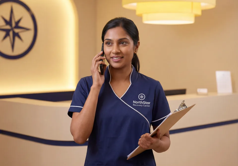 Healthcare professional on a phone call at a medical office reception