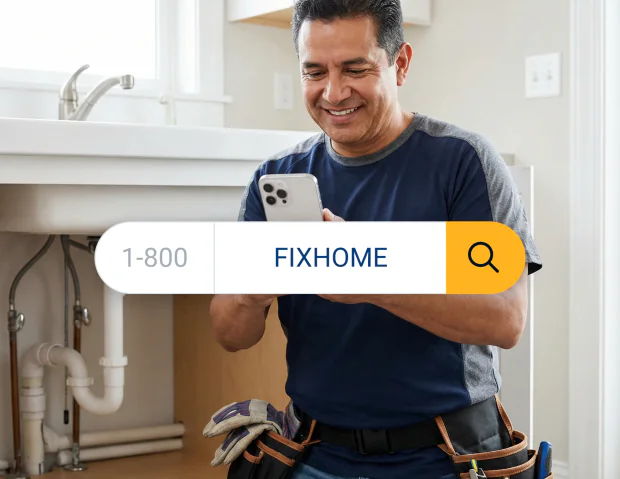 Plumber holding a phone with a vanity number search overlay