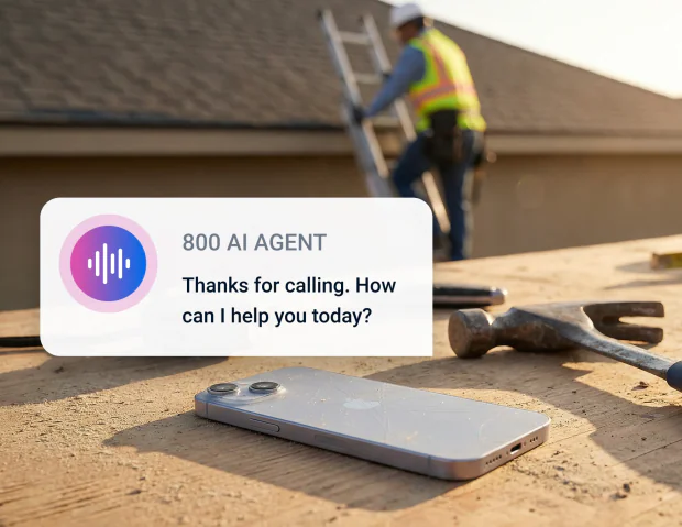 Roofer working while an AI agent card appears over a phone