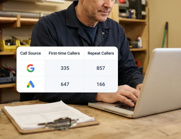 Contractor reviewing call source data on a laptop