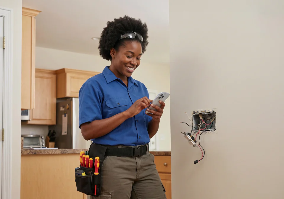 Electrician checking a phone beside an open wall switch box