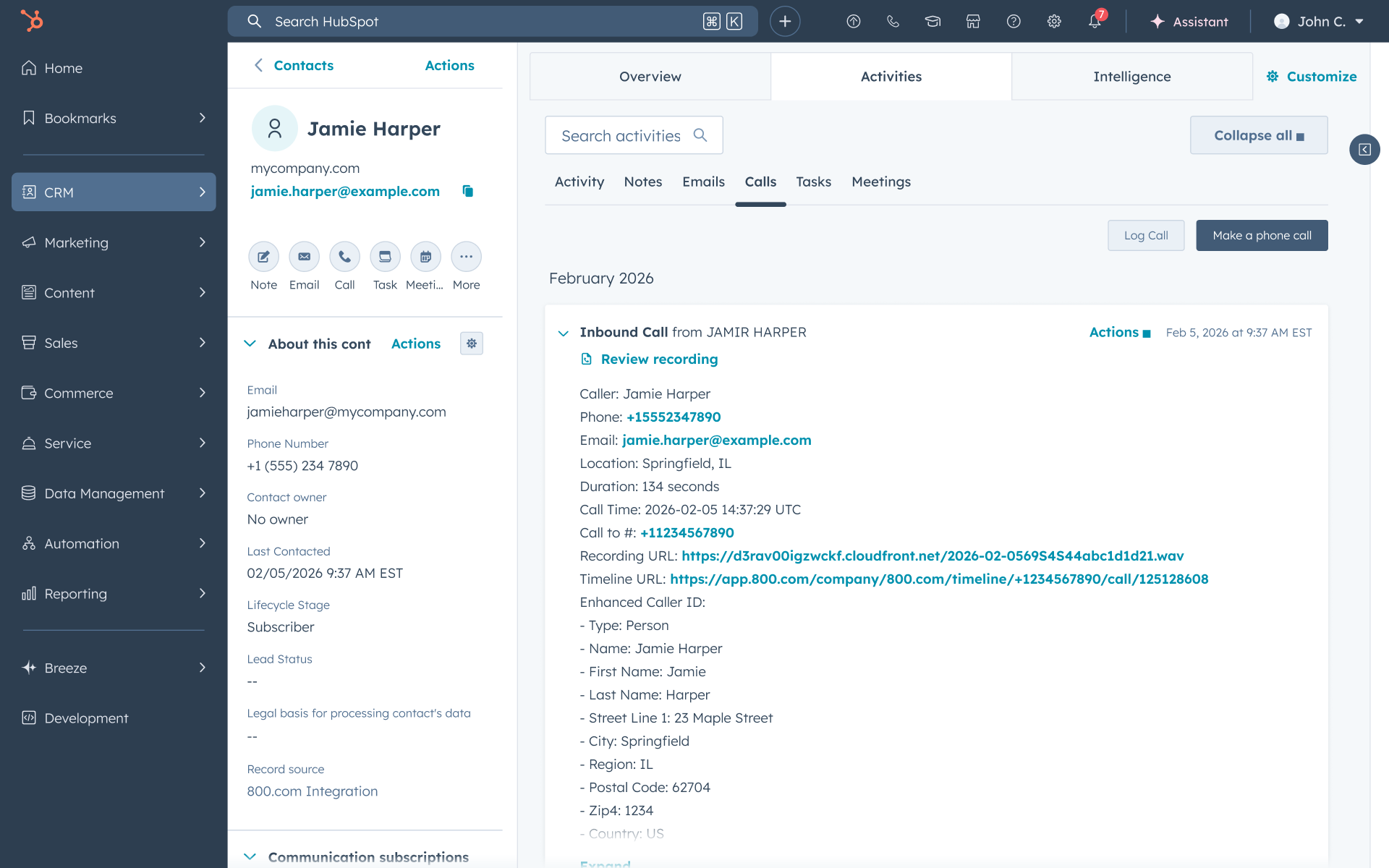 HubSpot integration overview with 800.com