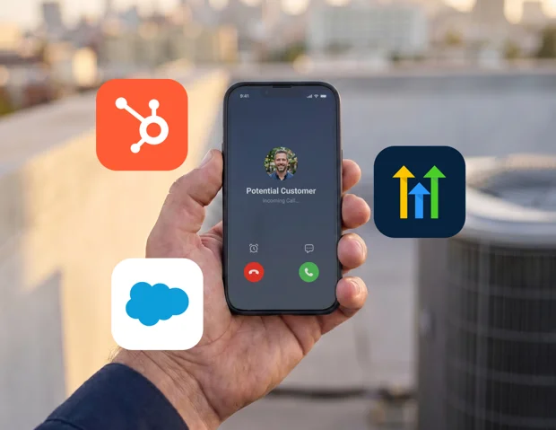 Phone showing an incoming call with CRM app integrations