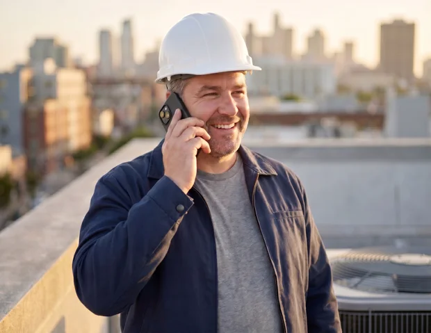 HVAC technician talking on the phone outside a job