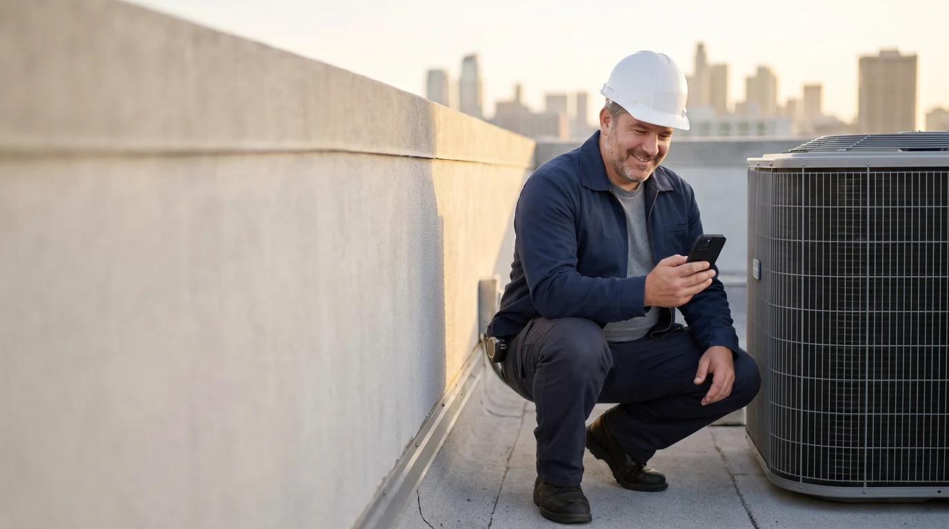 HVAC technician taking a call on a rooftop next to an AC unit