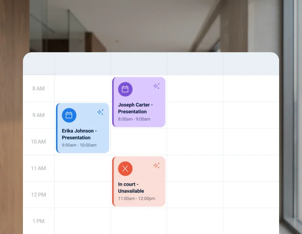 Calendar showing legal consultations and blocked court time
