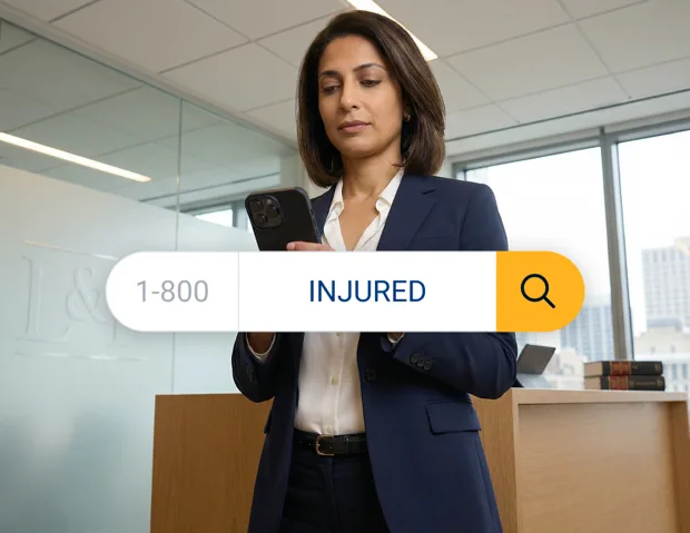 Attorney holding phone with vanity number search overlay