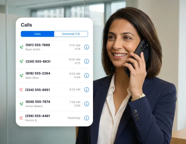 Attorney on a call with recent calls panel overlay