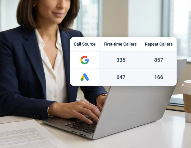 Attorney reviewing call tracking data on a laptop