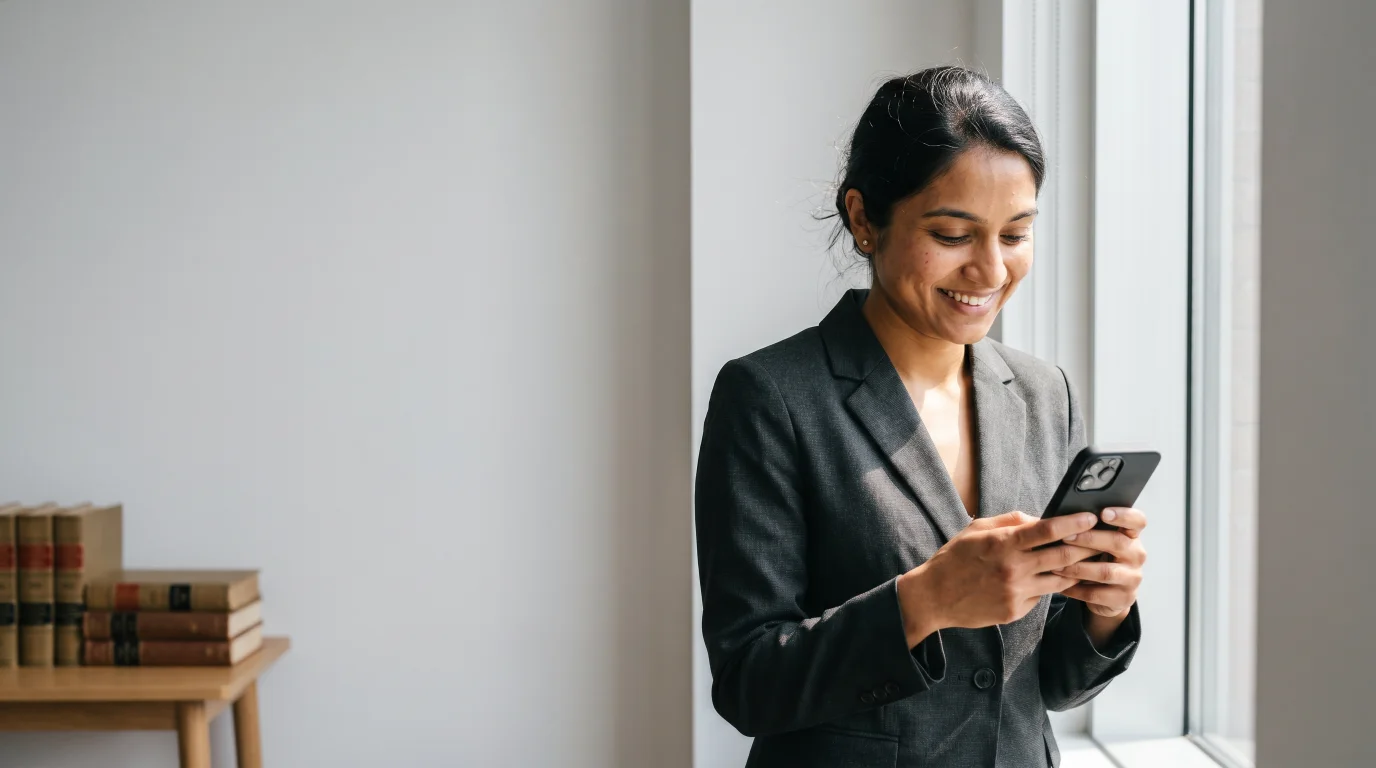 Legal services professional reviewing a new client inquiry on her phone