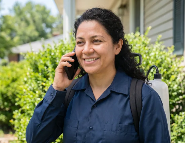 Pest control technician taking a customer call