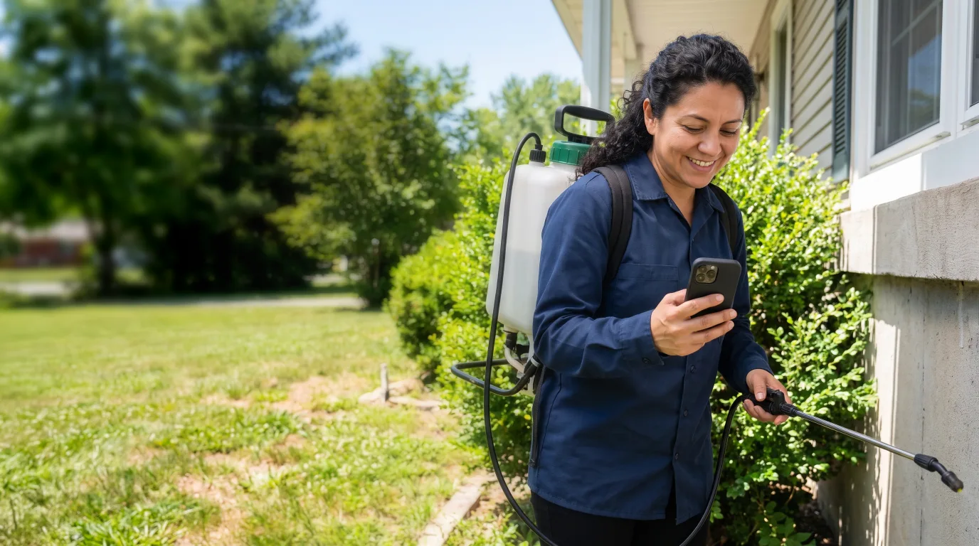 Pest control technician checking her phone outside a customer's home