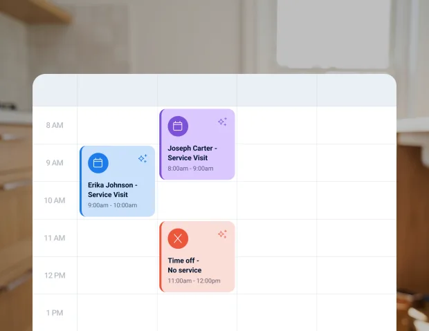 Calendar showing plumbing service visits and unavailable time