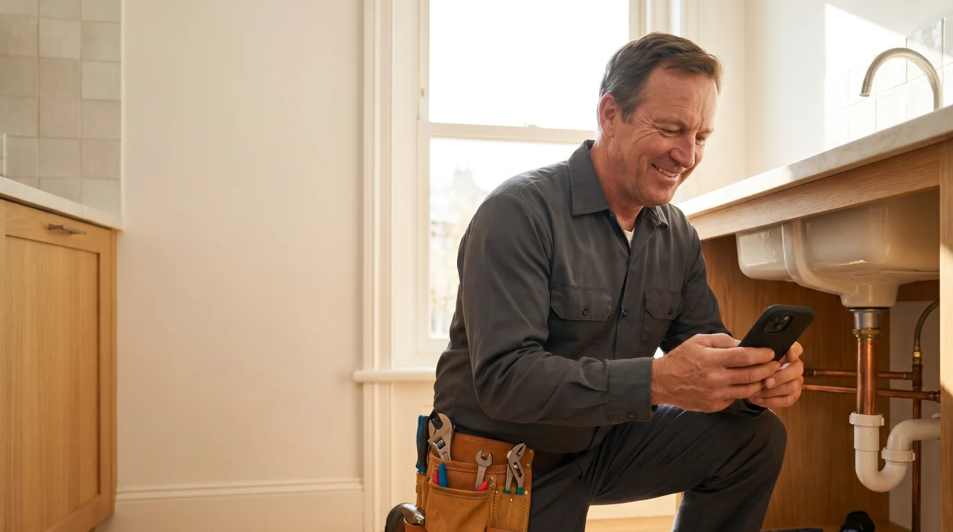 Plumber reviewing a new appointment on his phone beneath a kitchen sink