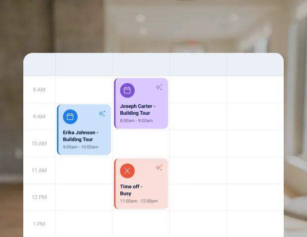 Property tour calendar with scheduled and unavailable time slots