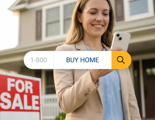Real estate agent holding phone with vanity number search overlay