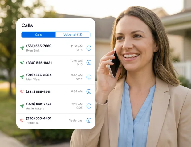 Real estate agent on a call with recent calls panel overlay