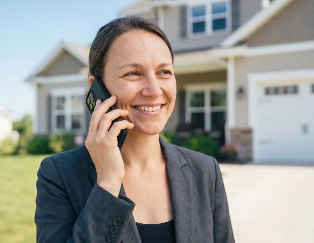 Real estate agent taking a client call outside a home