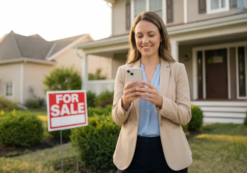 Real estate agent using phone in front of a house with For Sale sign