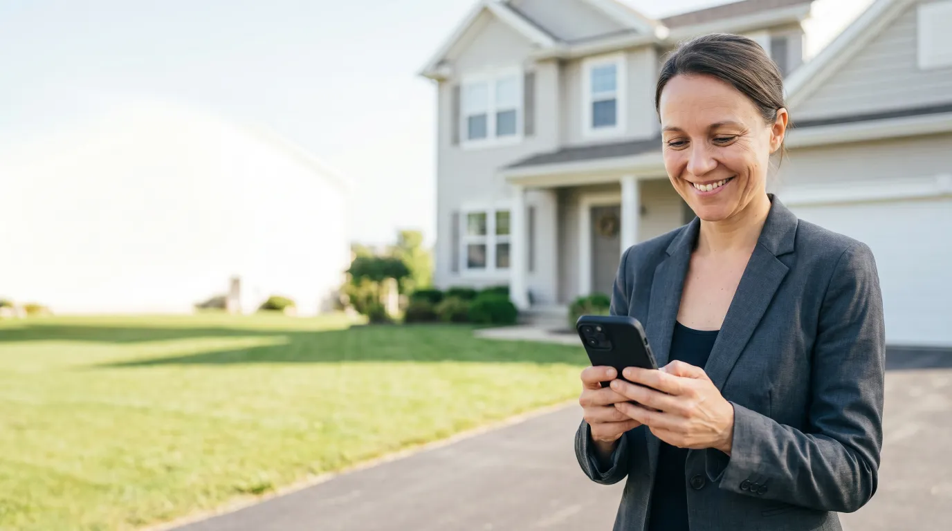 Real estate agent reviewing a new lead on her phone outside a home