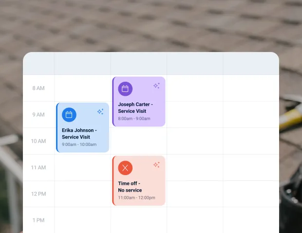 Calendar showing roofing service visits and blocked crew time