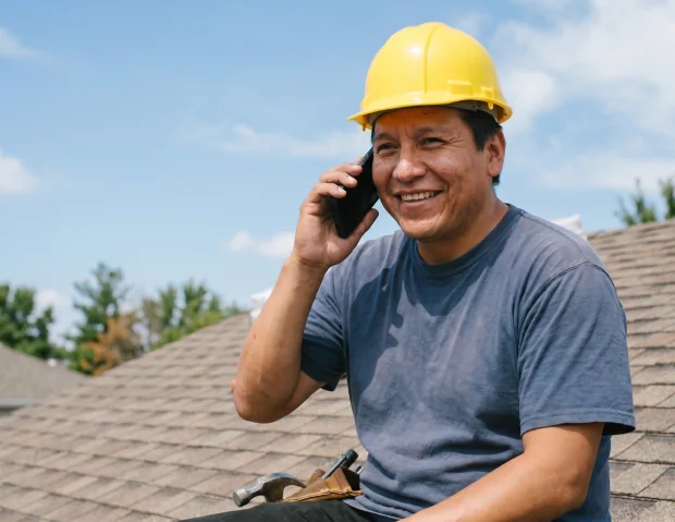 Roofing contractor talking with a prospective customer by phone