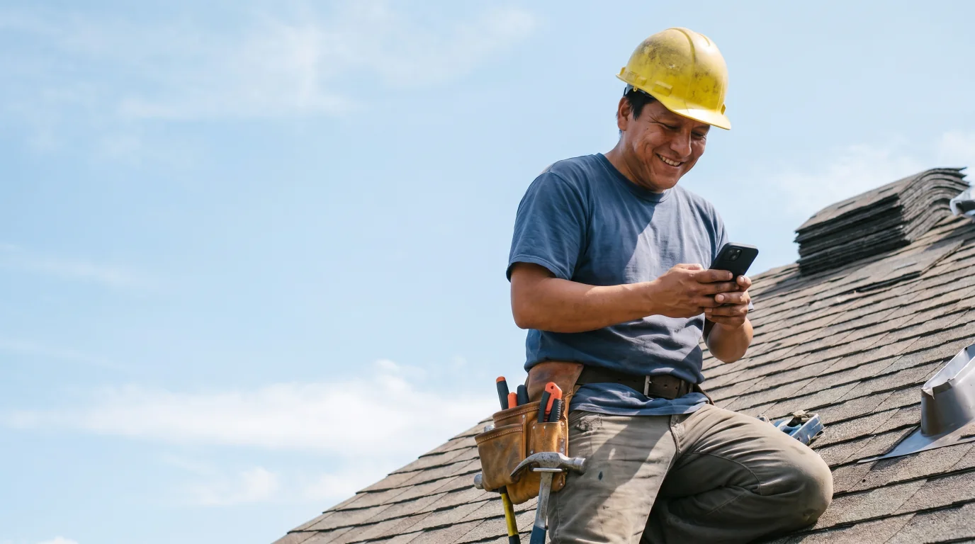 Roofing contractor checking a new lead on his phone while working on a roof