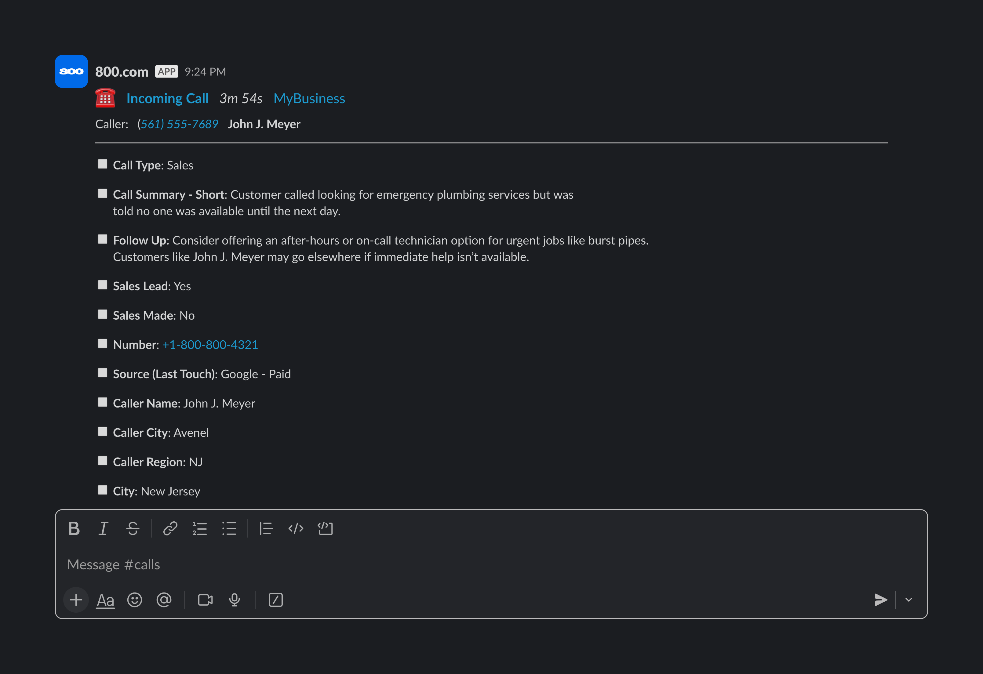 Slack integration overview with 800.com